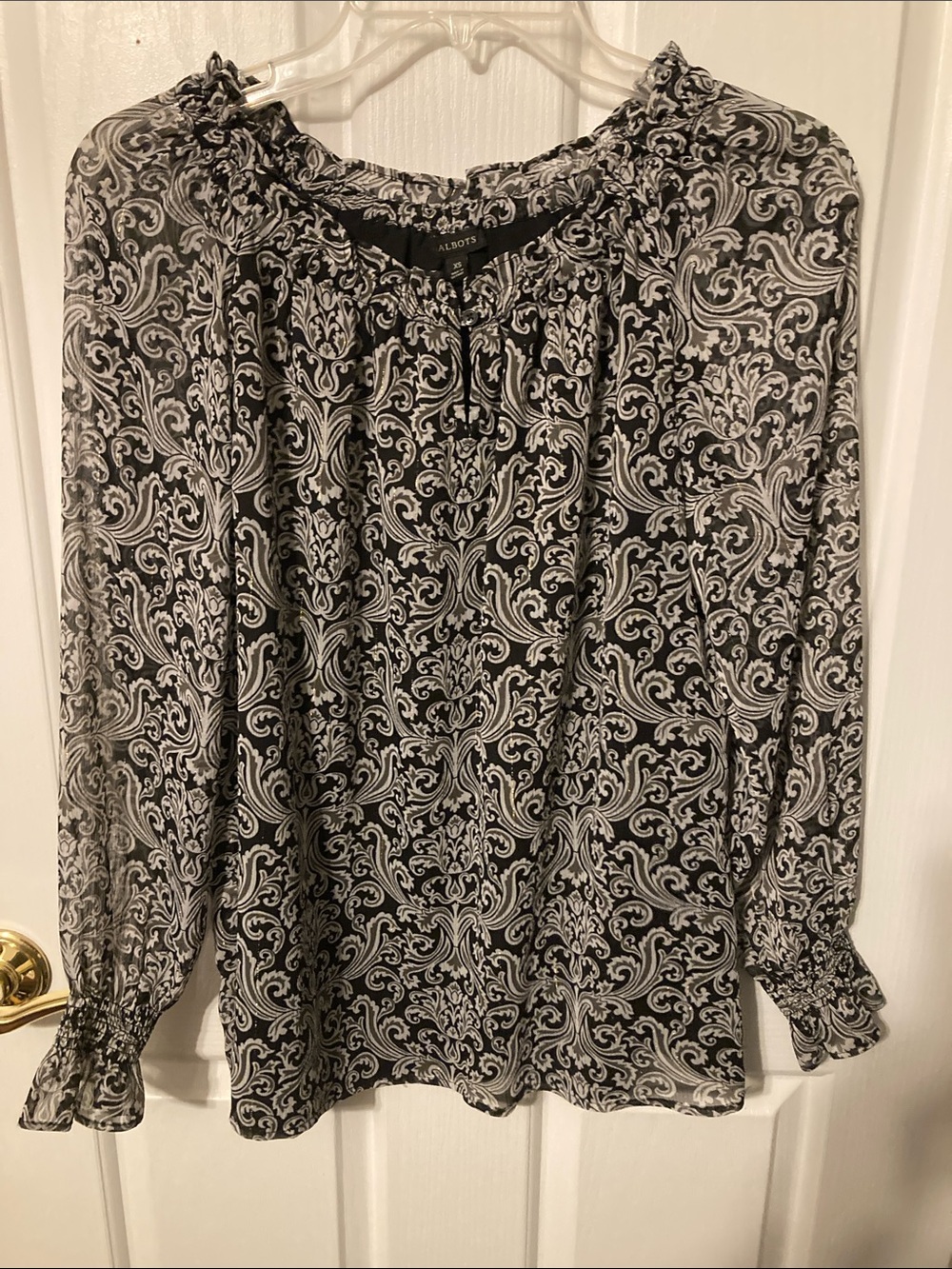 50% off in 3+ bundle, Talbots Black and White Paisley Ruffle-Neck Blouse